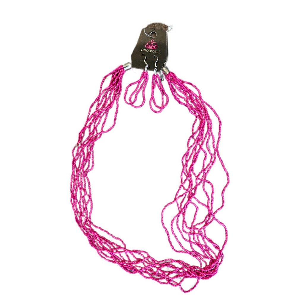 NWT Y2K Paparazzi Jewelry Set Pink Seed Bead Multi‎ Strand Necklace and Earrings